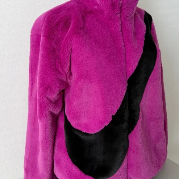 Nike Sportswear Faux Fur Swoosh Jacket Velvet Magenta and black